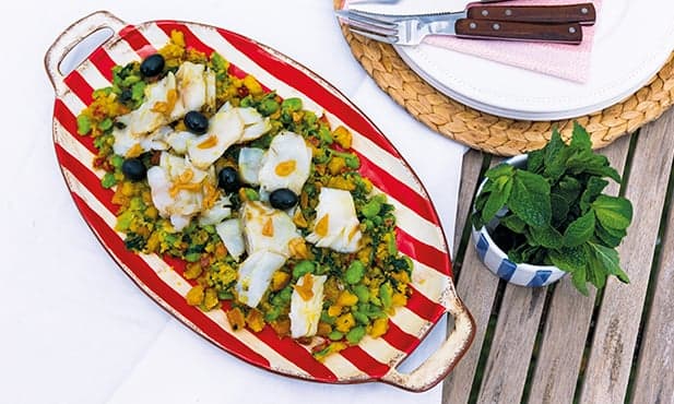 Bacalhau grelhado com favas