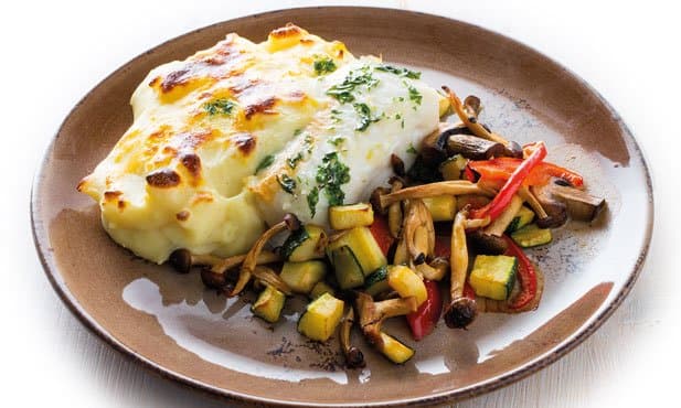 Pescada no forno com puré