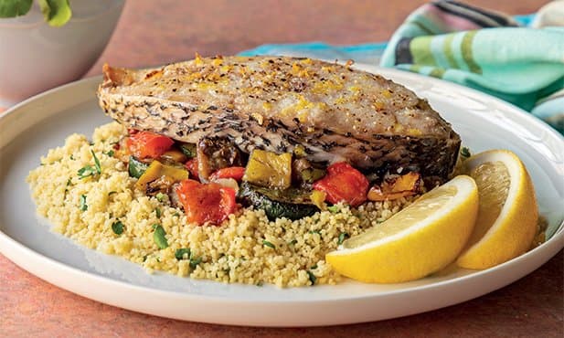 Perca com legumes grelhados