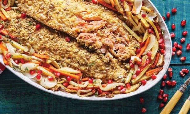 Truta salmonada com legumes