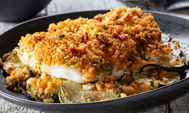 Bacalhau com broa e pesto