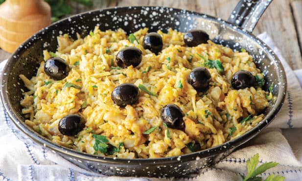 Bacalhau à brás com legumes